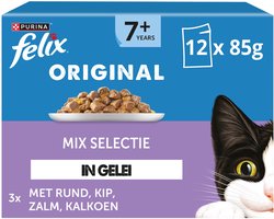 Felix Original in Gelei 7+ Senior Mix Selectie - Kattenvoer Natvoer - Rund Kip Kalkoen & Zalm - 48 x 85 g