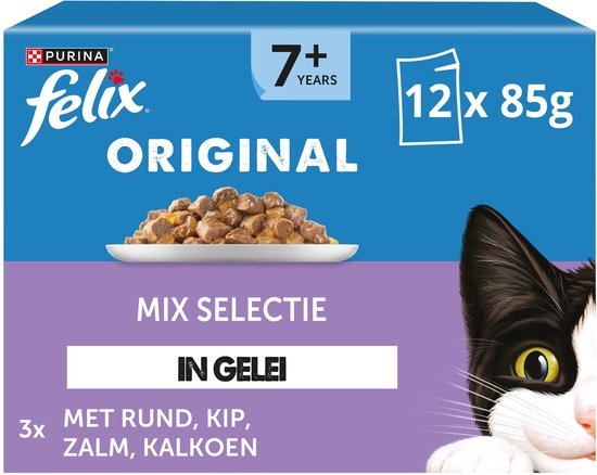 Felix Original in Gelei 7+ Senior Mix Selectie - Kattenvoer Natvoer - Rund Kip Kalkoen & Zalm - 48 x 85 g