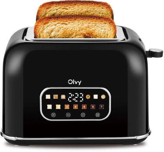 Olvy Broodrooster - 7 Bruiningsniveaus - Timerfunctie - Extra Brede Sleuven - Toaster - LCD Display - Kruimellade - 900W - Ontdooien & Opwarmen - Zwart