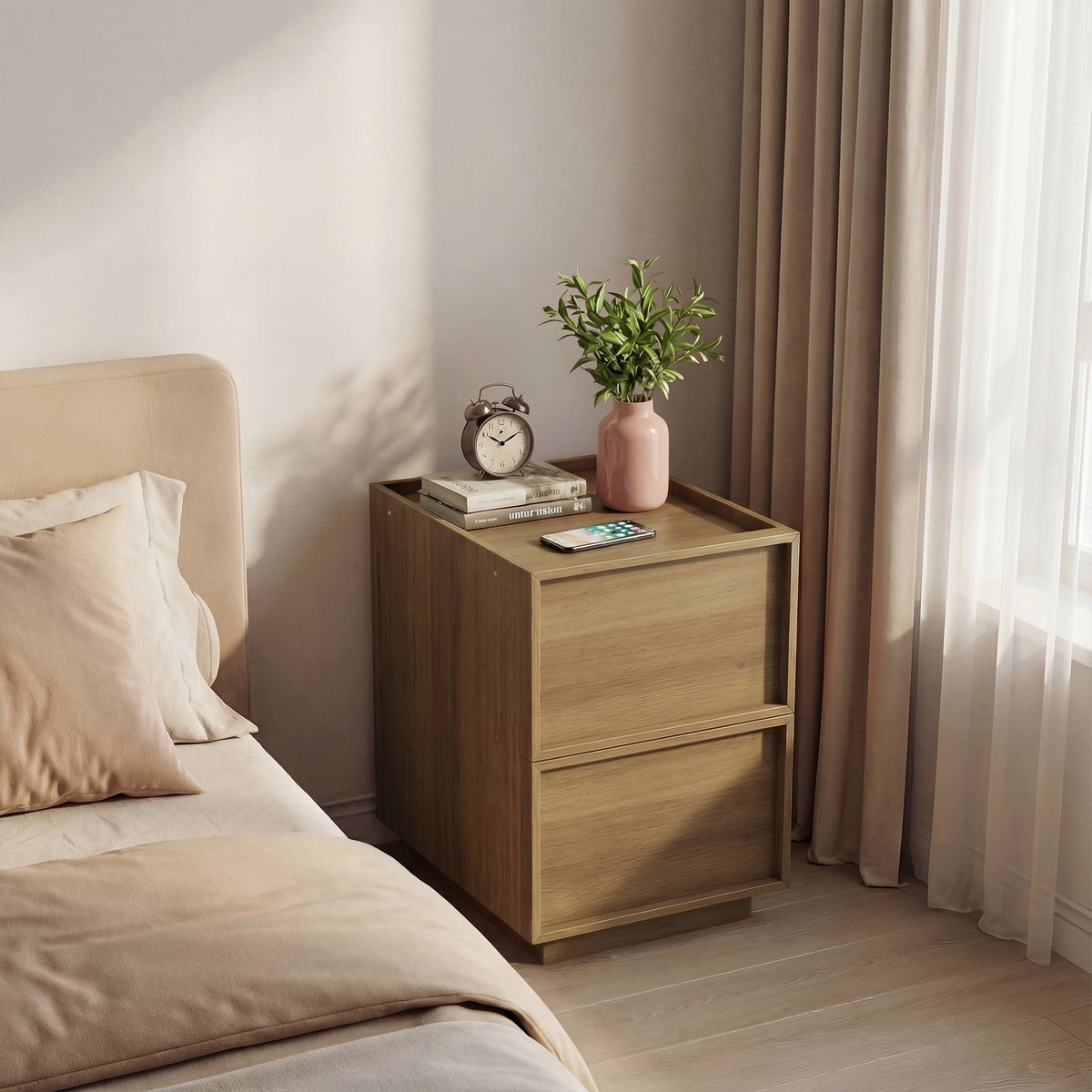 STILVORA Nachtkastje - Minimalistisch Met 2 Greeploze Lades - Voor Slaapkamer En Naast Het Bed - MDF In Eikenlook - 38x48x55 Cm