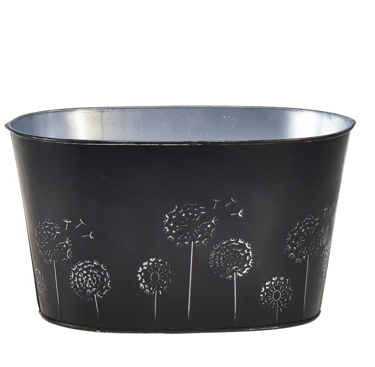 Decoratieve metalen schaal, ovaal, zwart en zilver, met bloemenmotief,