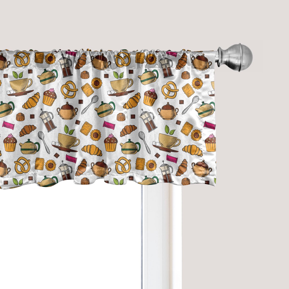 ABAKUHAUS Tea Party Raamvalletje, Gordijnvalletje voor Keuken en Slaapkamer met Tunnelzoom, 137 cm x 45 cm, Lichtoranje Meerkleurig
