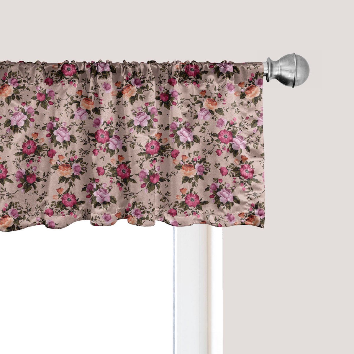 ABAKUHAUS Bloemenpatroon raamvalletje, gordijnvalletje voor keuken en slaapkamer met tunnelzoom, 137 cm x 30 cm, beige roze donkergroen