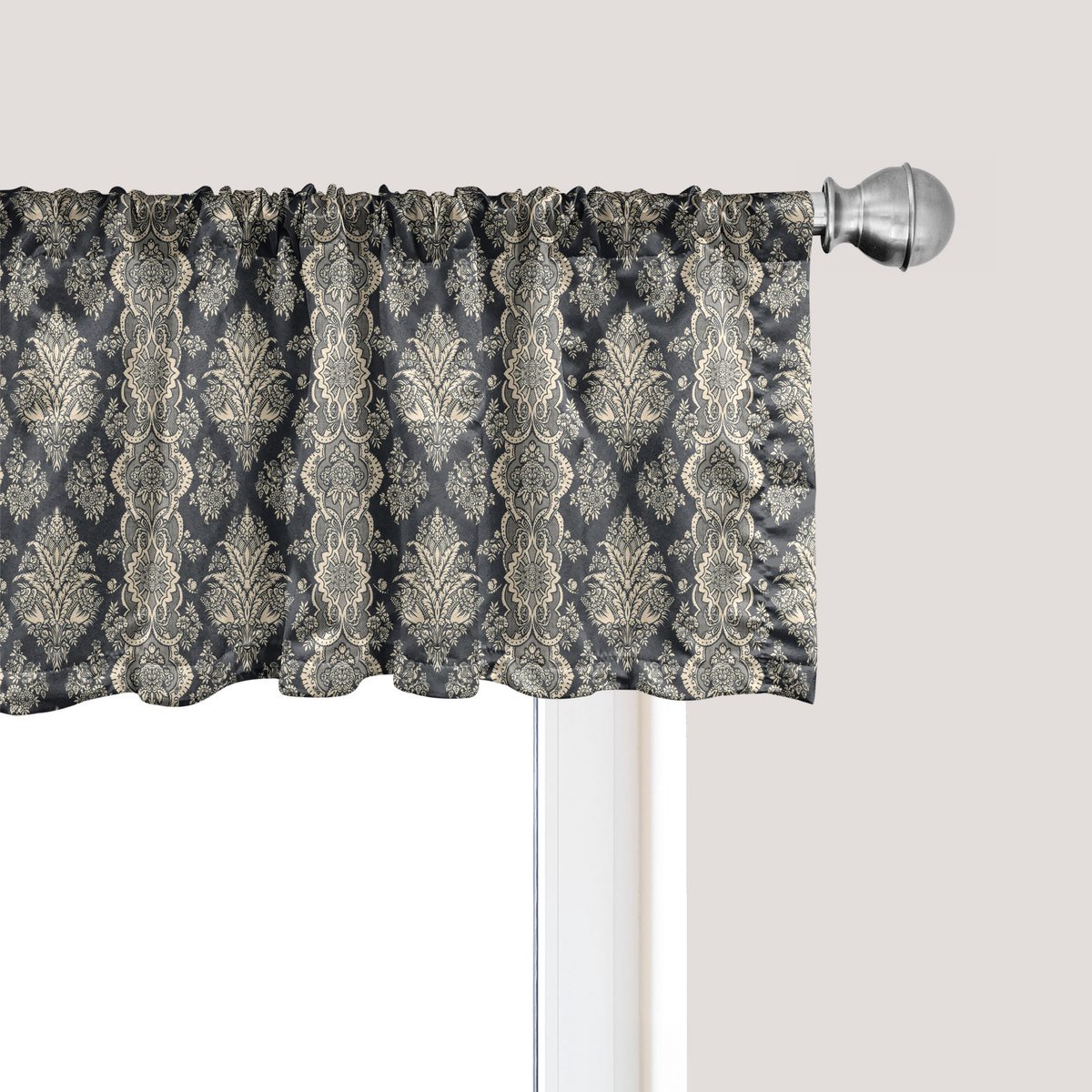 ABAKUHAUS Damast raamvalletje, gordijnvalletje voor keuken en slaapkamer met tunnelzoom, 137 cm x 45 cm, grijs crème