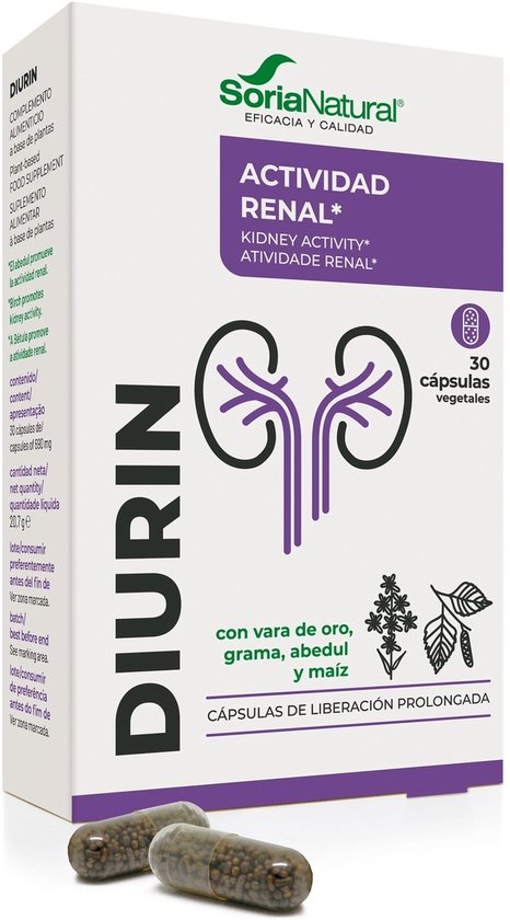 Diurin: doos met 30 plantaardige capsules voor de nieren, met illustraties van de nieren, gras, abeel en maïs.