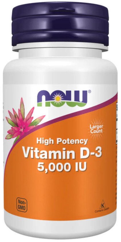 Vitamine D3 5000 IU en 125 mcg - hoog gedoseerd - zonder gentechnologie - glutenvrij - sojafvrij - 240 softgels - NOW Foods