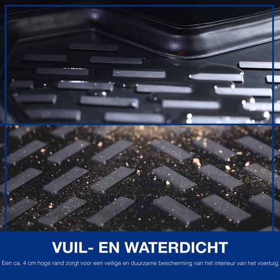 Zwarte automatten met hoge rand, patroon van noppen en richels.