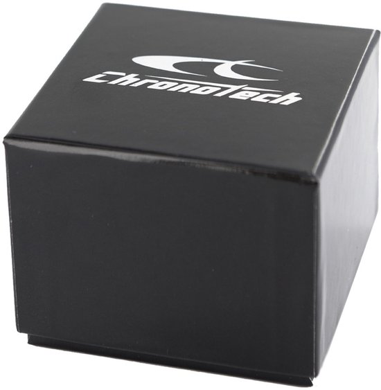 Zwarte Chronotech horlogedoos met wit logo op de deksel.