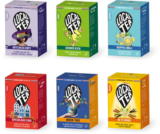 Een collectie van zes verschillende LocalTea theedozen met illustraties van ingrediënten en thema's.