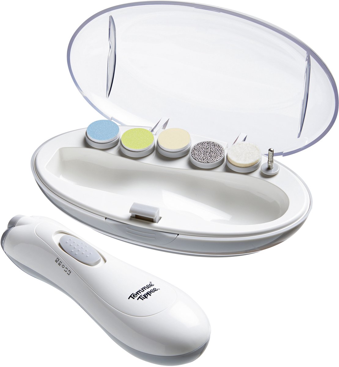 Tommee Tippee - Elektrische baby-nagelvijltrimmer - op batterijen werkende nagelknipper voor baby's - met ledlicht en zes vijlkoppen voor nagels van baby's en volwassenen