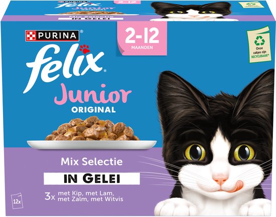 Felix Junior Original Mix Selectie in gelei met kip, lam, zalm, witvis.