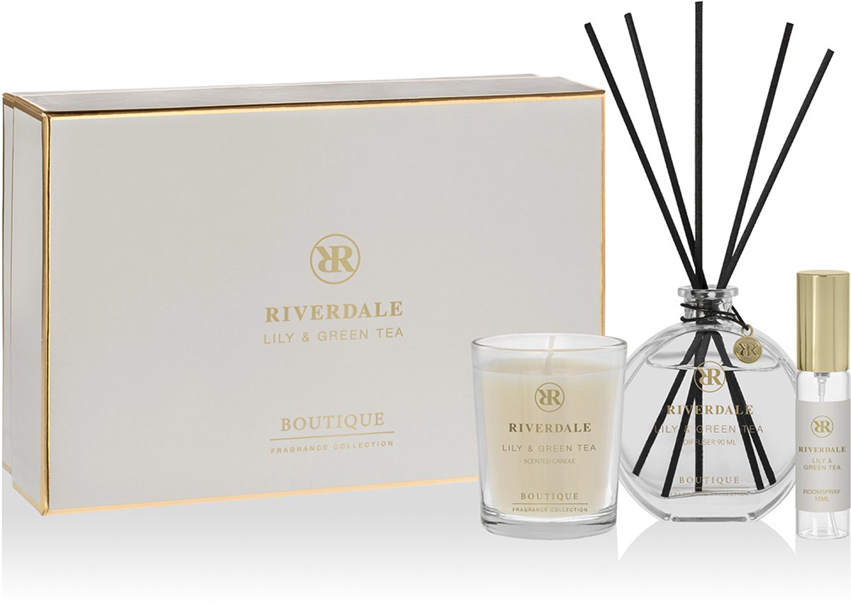 Riverdale - Geschenkset - Lily & Green Tea - Medium - Grijs - Geurstokjes, geurkaars en huisparfum