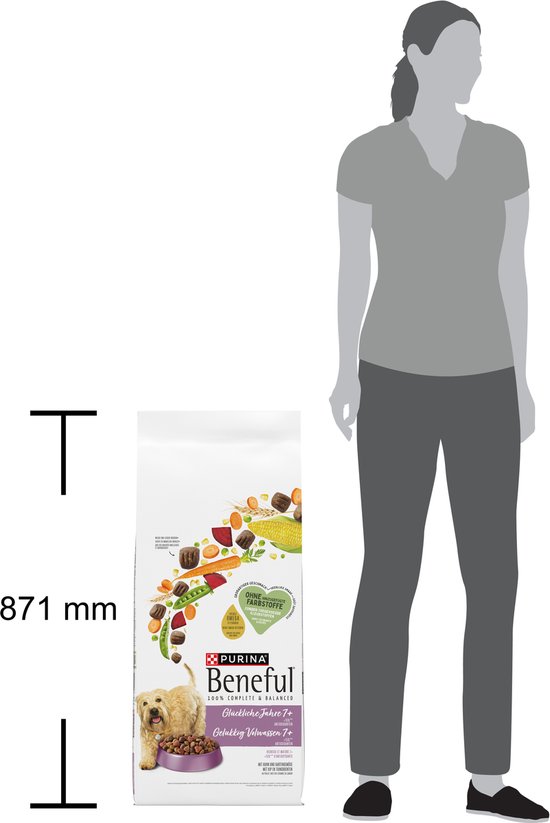 Formaatvergelijking van een zak Purina Beneful hondenvoer van 871 mm met een staande vrouw.