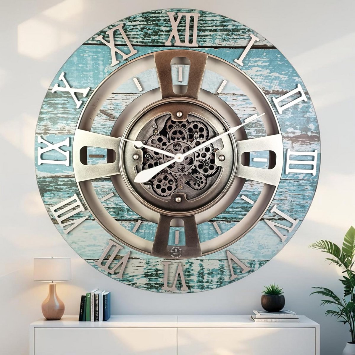 Grote Wandklok met Echt Bewegende Tandwielen 90 cm Industrieel Vintage Stijl