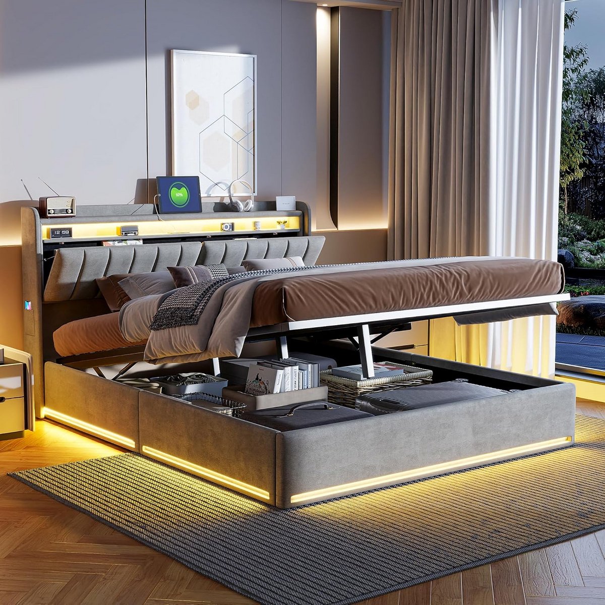 Tweepersoonsbed Grijs Fluweel 140x200 cm met Opbergruimte en LED Verlichting