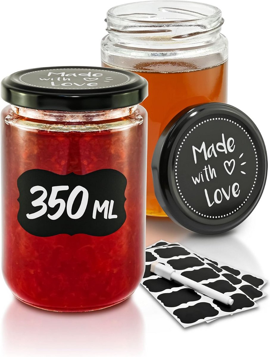 Set van 12 glazen weckpotten met deksel 350ml - Inclusief labels en pen