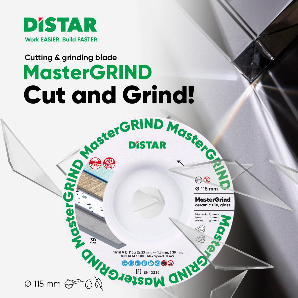 Diamant doorslijpschijf 1A1R V 115 × 1,8 / 1,5 × 30 × 22,23 – MasterGRIND - Diamond cutting blade 1A1R V 115x1,8/1,5x30x22,23 MasterGRIND