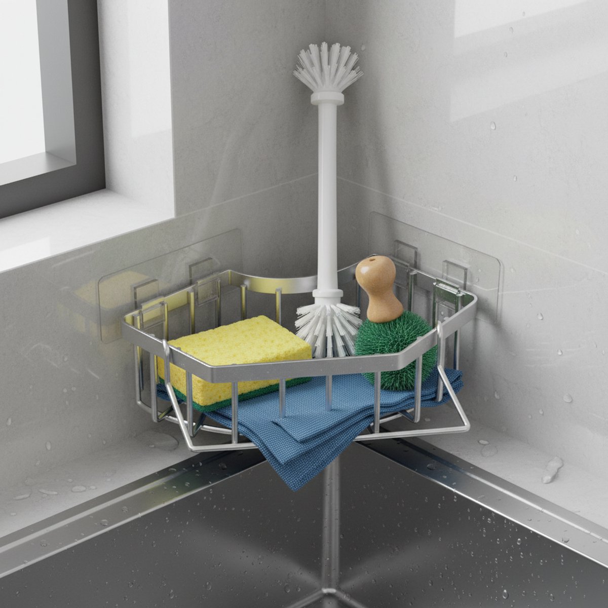 CHIWIN Gootsteen Organizer Hoek – RVS Spoelbak Organizer Zonder Boren – Driehoekige Keuken Organizer Voor Afwasmiddel & Spons – Sink Caddy – Zilver