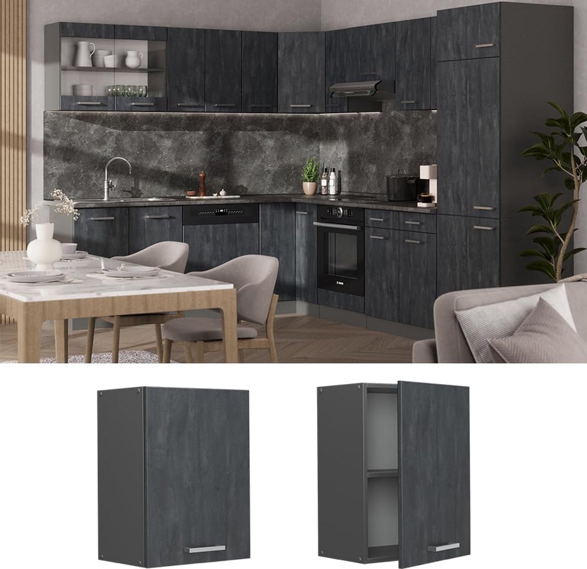 Moderne Keuken Hang Kast 45 cm Zwart Beton Antraciet - Flexibel Modulair Systeem