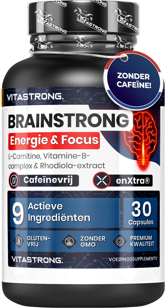 Vitastrong Brainstrong – Mentale en Fysieke Energie Zonder Cafeïne – Voedingssupplement met L-Carnitine, Rhodiola, Vitaminen van het B-complex, Biotine en EnXtra® – 30 Capsules