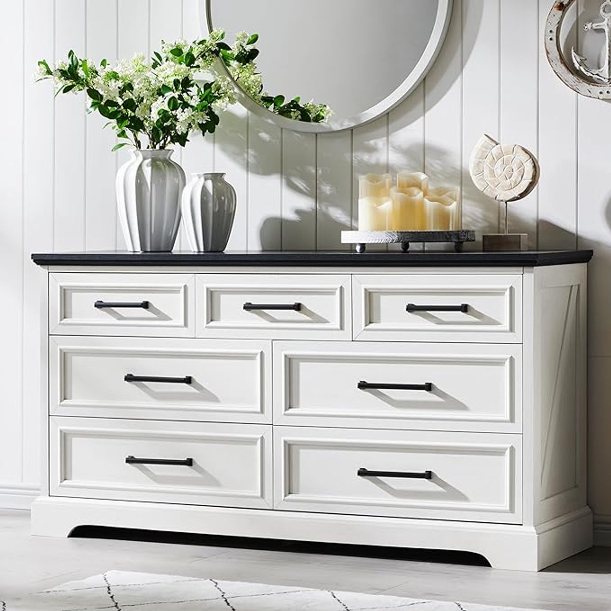 Commode 132 x 40 x 71 cm met 7 Laden – Moderne Houten Dressoir en Opbergkast voor Slaapkamer en Woonkamer – Wit – Abkantoor