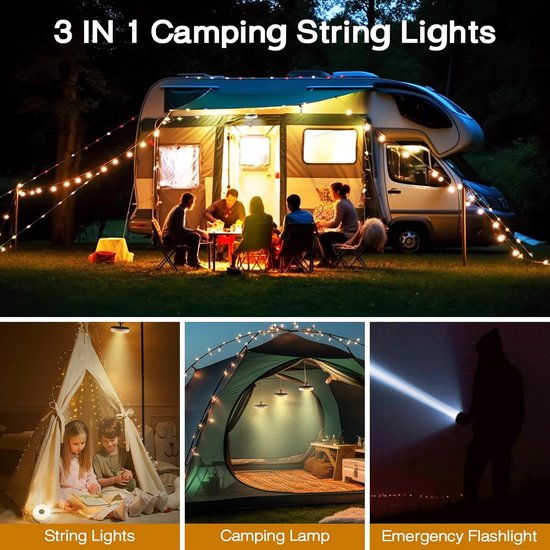 Camping Lichtsnoer - 10 Meter - 5 lichtstanden - IP44 Waterdicht - 2000mAh polymeer - Camping Decoratieve Lichtsnoer - Oprolbaar - Kampeerlamp Oplaadbare Kampeerlamp met Lichtsnoer - Warm-Wit - Lampjes — afbeelding 3