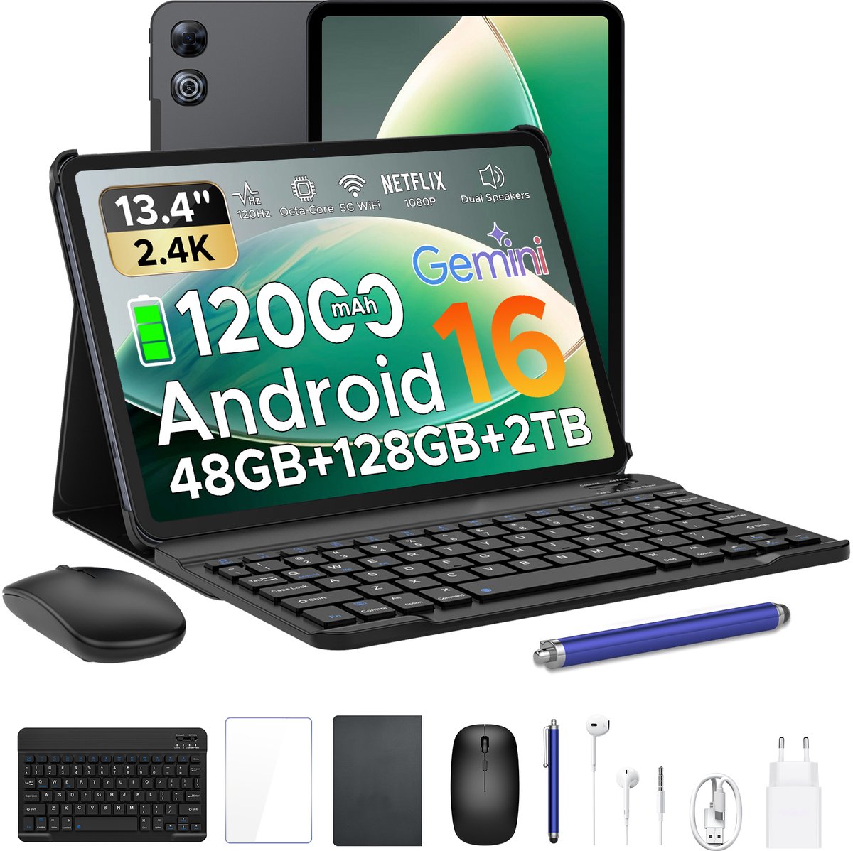 Aorlym P13 Tablets - 48 GB RAM 128 GB ROM - 13,4 inch 2,4K 120 Hz - Android 16 - Gemini AI - 12000 mAh/18 W - Face ID - Widevine L1 - 13 MP + 8 MP camera - Dubbele luidsprekers - Tablet met toetsenbord en pennenhouder - Zwart