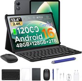 Aorlym P13 - Tablet - Tablets - 48 GB RAM + 128 GB ROM - 13,4 inch 2,4K 120 Hz - Android 16 - Gemini AI - 12000 mAh/18 W - Face ID - Widevine L1 - 13 MP + 8 MP camera - Dubbele luidsprekers - Tablet met toetsenbord en pennenhouder - Zwart