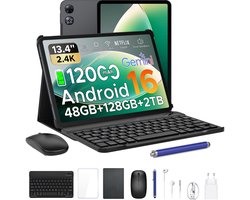 Aorlym P13 Tablets - 48 GB RAM 128 GB ROM - 13,4 inch 2,4K 120 Hz - Android 16 - Gemini AI - 12000 mAh/18 W - Face ID - Widevine L1 - 13 MP + 8 MP camera - Dubbele luidsprekers - Tablet met toetsenbord en pennenhouder - Zwart