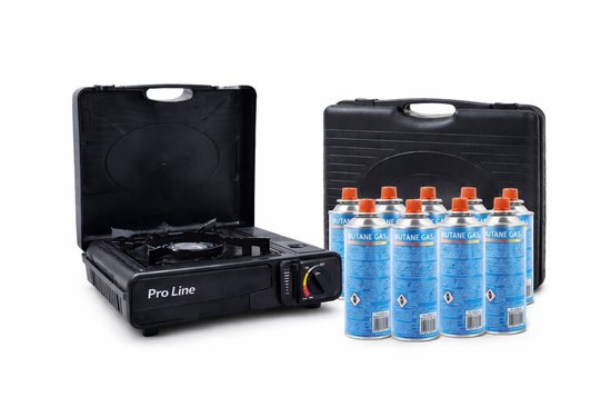 Zwarte Pro Line camping kooktoestel met opengeklapte deksel, gesloten koffer en acht gaspatronen.