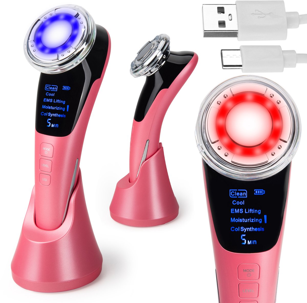 COIL EMS Gezichtsmassage Apparaat met LED Lichttherapie – 5 Modi (Clean, Cool, EMS Lifting, Moisturizing, Collageen) – Oplaadbaar – Anti-Aging Huidversteviging - Roze