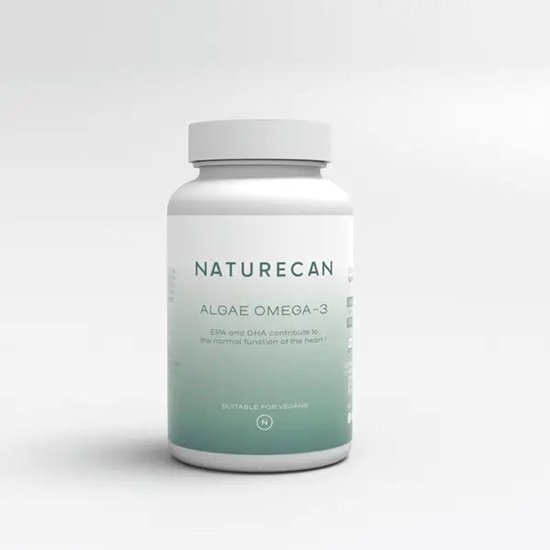 Witte fles Naturecan Algae Omega-3 met een groen verloop en informatie over veganistische omega-3.