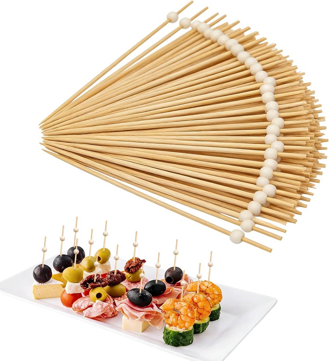 Grote Set Houten Cocktailprikkers met Kralen - 100 Stuks voor Hapjes, Fruit en BBQ