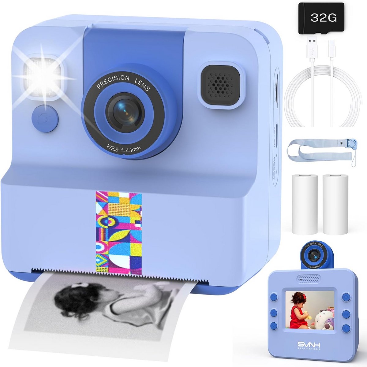 Instant Print Kinderen Camera 1080P Digitaal met Draaibare Selfie Lens en SD Kaart