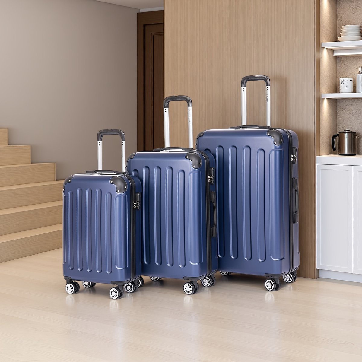Bagageset 3-delig (55/66/76 cm) – Harde ABS Koffers – 4 x 360° Wielen – TSA Combinatieslot – Trolley Koffer Set _Donkerblauw, Grootte