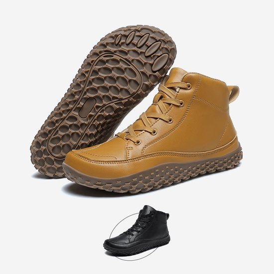 Chaussures montantes marron en cuir à lacets et semelle marron. Une version noire dans un cercle.