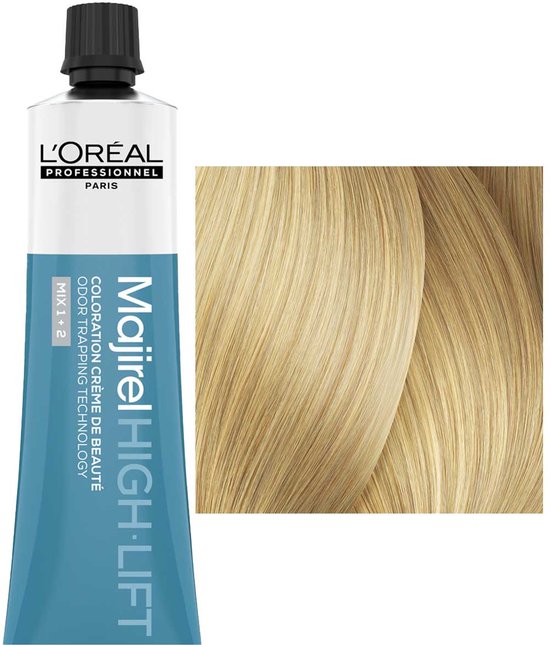 L'Oréal Majirel High Lift tube met kleurstaal van lichtblond haar.