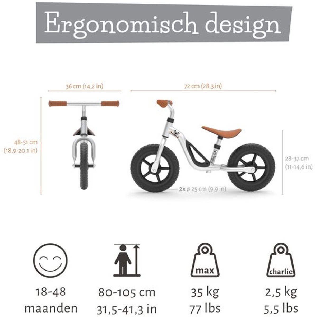 Chillafish Loopfiets 2 jaar - Lichtgewicht met verstelbaar zadel en stuur - Zilver- Loopfiets voor jongens en meisjes tot 4 jaar met handvat om te dragen en anti lek banden - Model Charlie — afbeelding 7