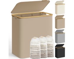 Delightness Wasmand - Wasmand 3 Vakken - Wasmand Met Deksel - Wasmanden - Uitneembare Waszak - 150 L - Bamboo - Camel Bruin