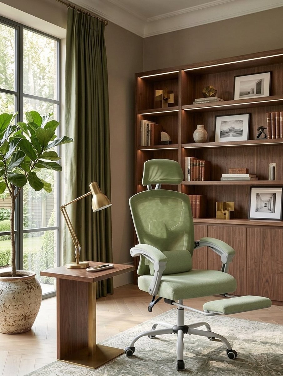 Luxe Ergonomische Bureaustoel Met Hoofdsteun en Voetenbank – Draaibaar, Kantelbaar en Comfortabel – Mesh en Metaal – Ideaal Voor Thuiswerk, Kantoor en Gamers – Groen,Casa Serena – Afmetingen op aan...
