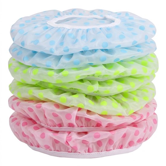 Set de 6 bonnets de douche - bonnet de bain imperméable pour femme - bonnet de douche réutilisable à pois - bord élastique - couleurs assorties rose, bleu et vert