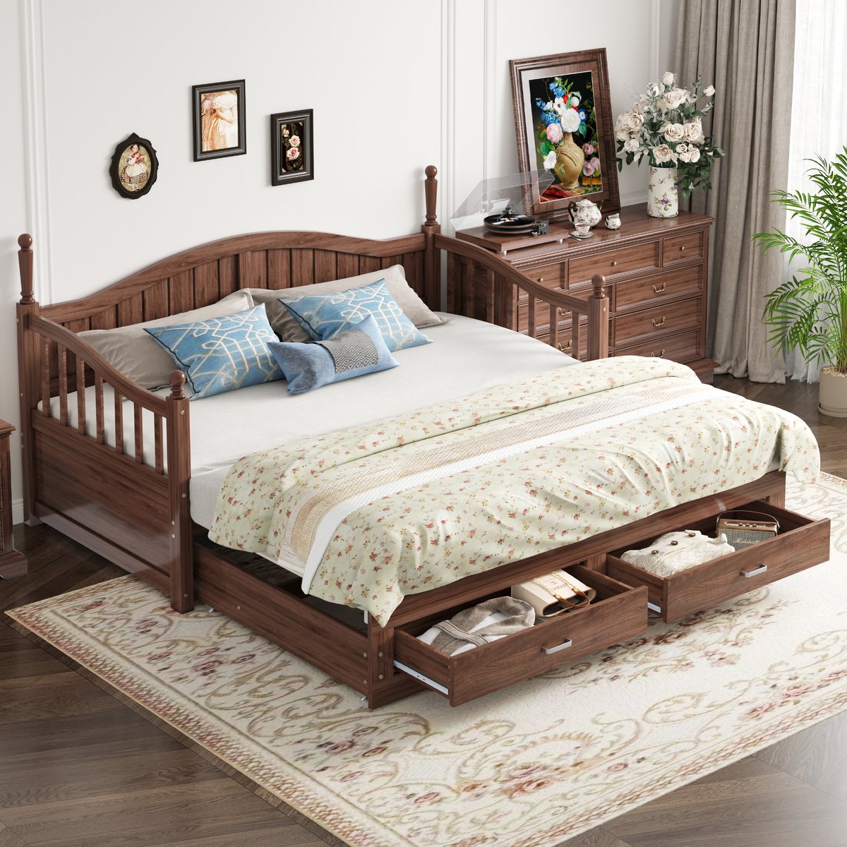 Slaapbank - 180x190 cm - Uitschuifbaar Bed met Laden - Inclusief Lattenbodem - Grenenhout - Walnoot