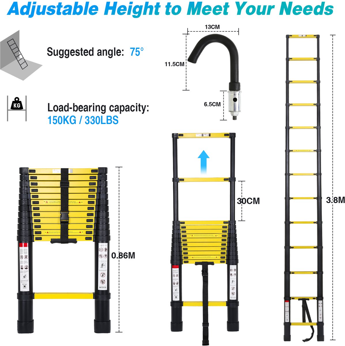 Telescopische Vouwladder - Telescopische Ladders - Soft Close - Werkhoogte 3,8 m -geel zwart met haak – foto 8