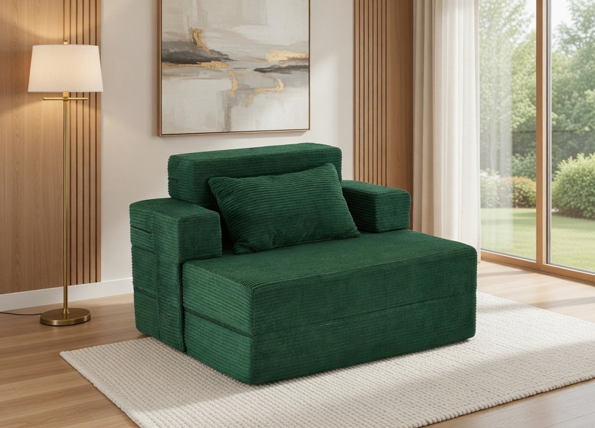 4-in-1 Luxe Slaapstoel 100x200 cm met Bedfunctie, Wasbare Corduroy Hoes en Rugkussen – Donkergroen | Casa Serena – Casa Dorada