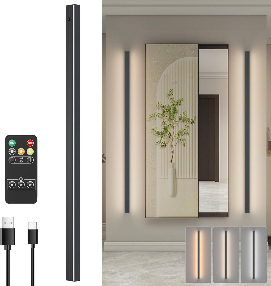 Draaibare LED-wandlamp 120 cm met afstandsbediening en timerfunctie
