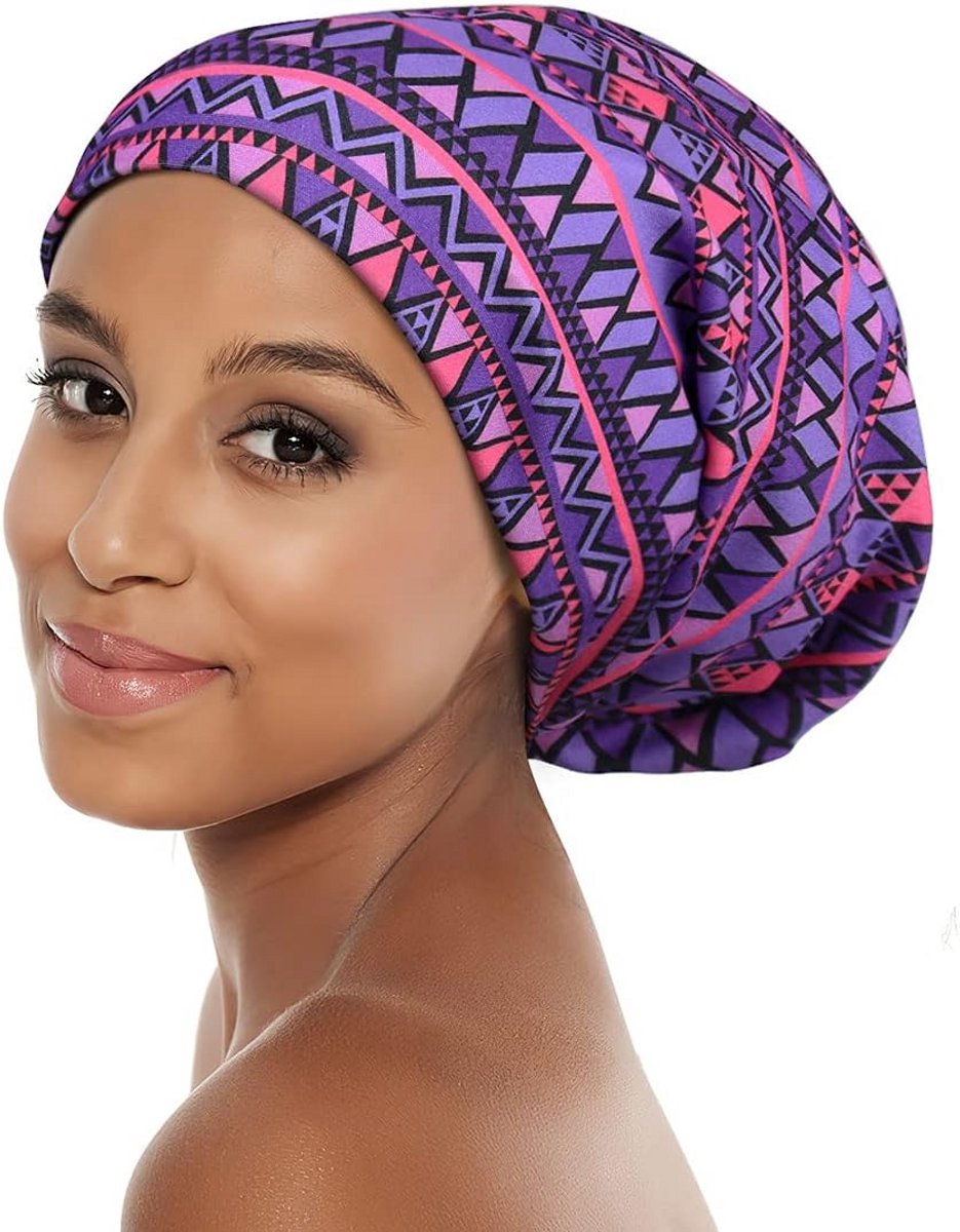 Grote Satijnen Slaapmuts met Afrikaanse Print voor Krullend Haar en Locs
