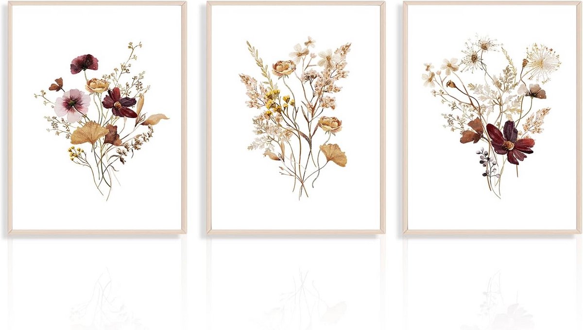 Set van 3 Botanische Muurprints - Kleurrijke Wilde Bloemen Kunst voor Woonkamer en Slaapkamer