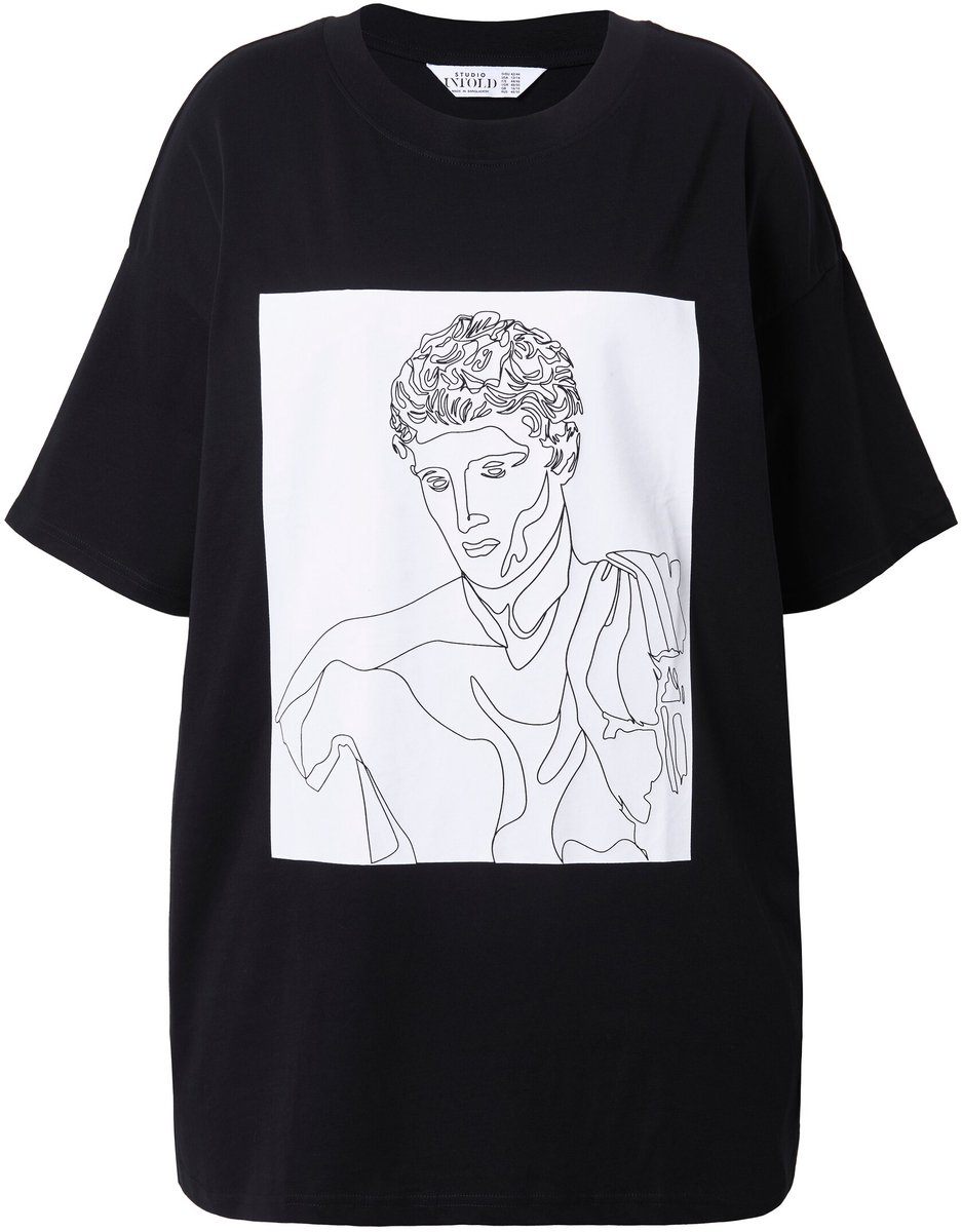 Studio Untold - Dames - T-shirt oversized shape model-scribbleprint - Zwart - Maat 46+