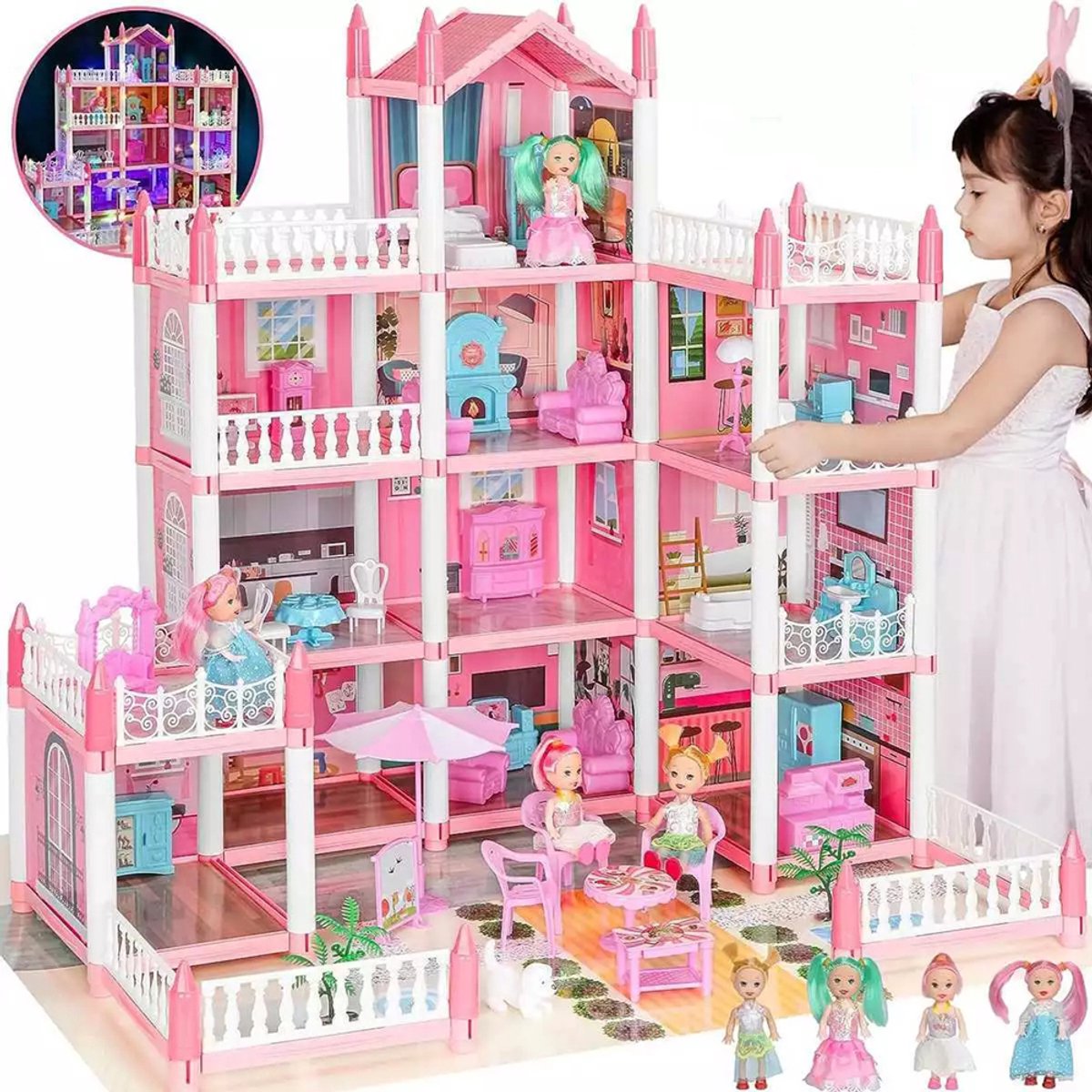 Kasteelpoppenhuis - Poppenhuis - 4-verdiepingen - Groot Poppenhuis voor Meisjes - Roze ABS 11 Kamers & 2 Terrassen - Met Meubels & Figuren - Rollenspel Speelgoed