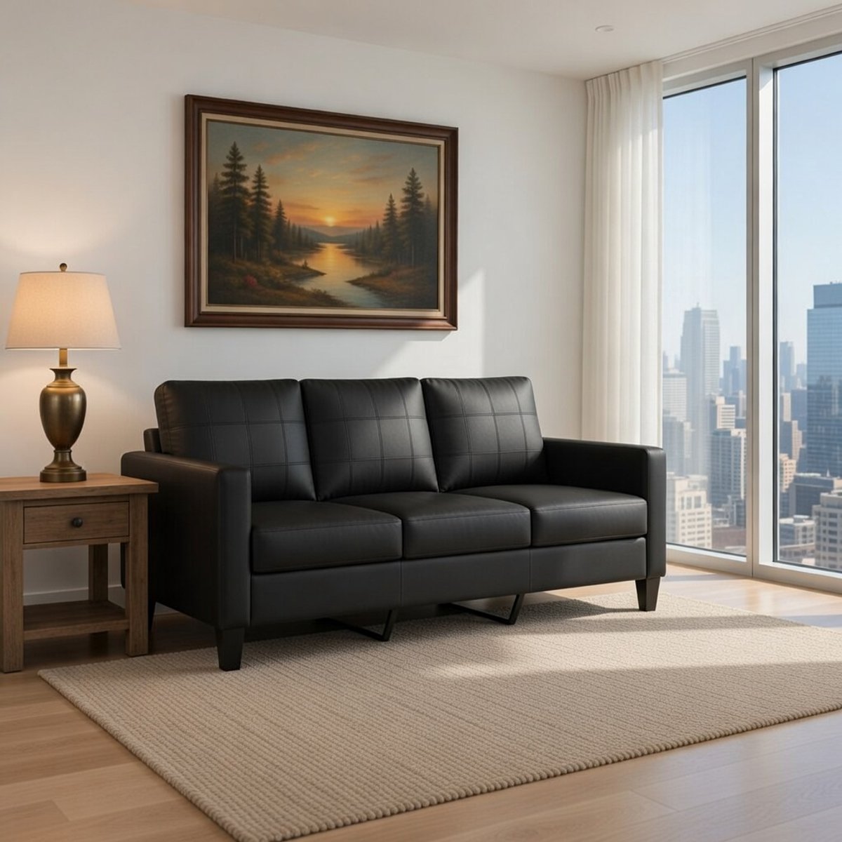 Loungebank Zwart 3-Zits – Moderne Woonkamerbank van Kunstleer met Metalen Frame – Comfortabele Sofa voor Lezen, TV Kijken en Ontspannen – 180 cm Casa Serena